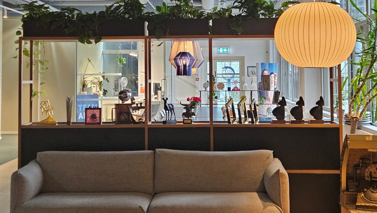 Sittegruppe med grå sofa, rød teppe, småbord og dekorativ belysning foran en romdeler med planter og gjenstander.